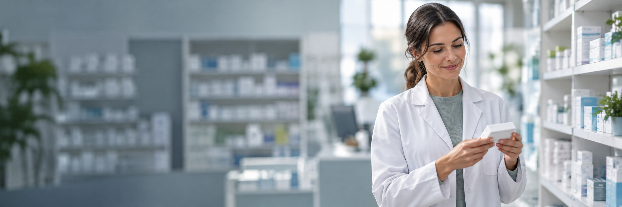 Ilustrim i një farmacisteje që kontrollon një produkt në një farmaci moderne